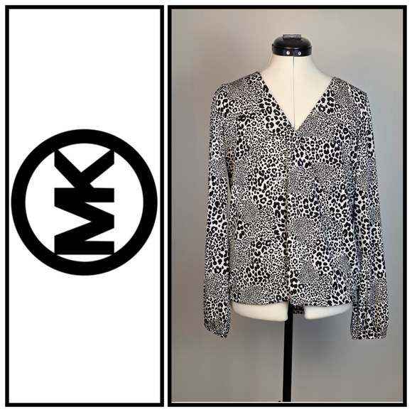 Michael Kors Black White Animal Print V-Neck Blouse Long Sleeve Women’s Size M - Picture 1 of 12